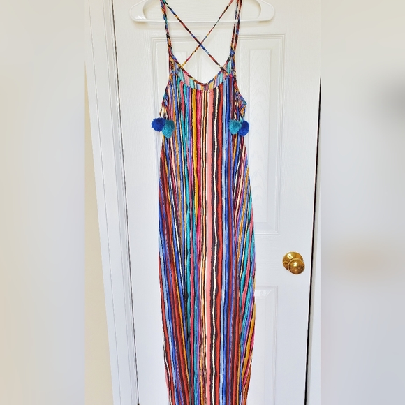 Boho Tassel Rainbow stripe pattern Maxi Dress crisscross back - Picture 5 of 5